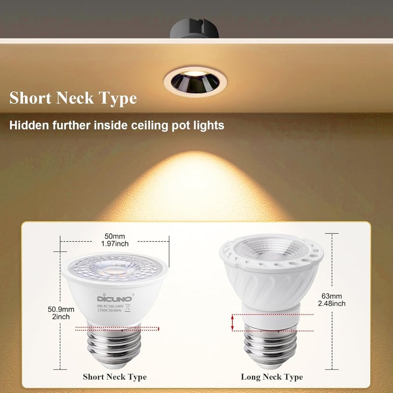 DiCUNO E27 LED Izzó 6W, Meleg Fehér 2700K, 500lm, 60° Szögű MR16 Spotlámpa, 50W Halogén Helyettesítő, PAR16 Rövid Spot, CRI90, Villódzásment