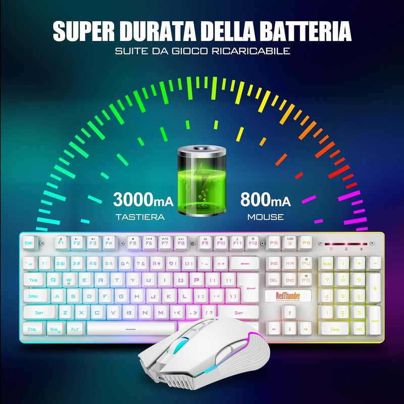 RedThunder K10 Vezeték Nélküli Gaming Billentyűzet és Egér Szett - LED Háttérvilágítás, 3800mAh Akkumulátor, Mechanikus Érzet, 3200DPI Egér,