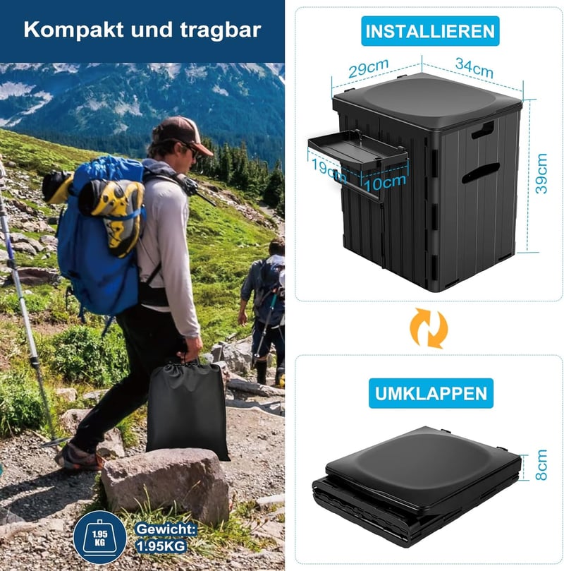 WADEO Hordozható Kemping WC Papírtartóval és Telefontálcával - Black With Urination Device for Women