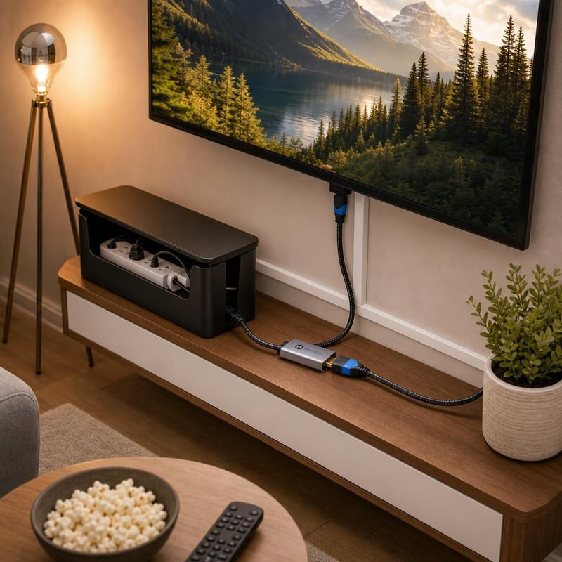 Kábelmentő TV-sarok: USB-C–HDMI adapter + 4 m kábelcsatorna + kábelbox + 3,1 m HDMI + E27 LED-izzó