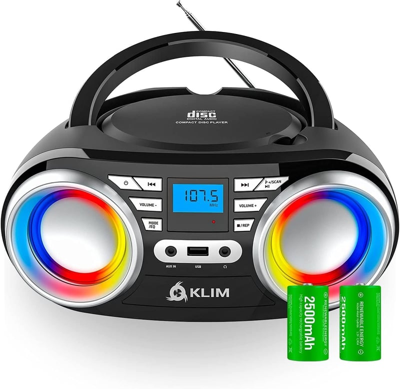 KLIM Boombox B3 Hordozható CD Lejátszó FM Rádióval - Bluetooth, USB, AUX Csatlakozás, RGB LED Világítás, Újratölthető Akkumulátor, Digitális