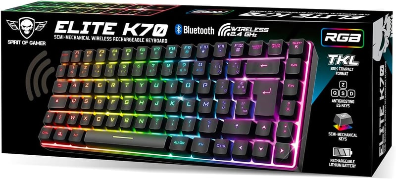 Spirit of Gamer vezeték nélküli Bluetooth TKL gamer billentyűzet, spanyol QWERTY, 65% kompakt