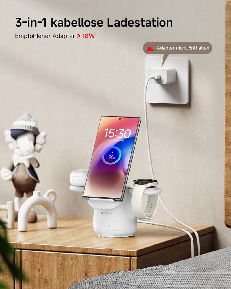 SwanScout 707S 3 az 1-ben Vezeték Nélküli Indukciós Töltőállomás Samsung S25 Ultra/S24/Z Flip 6/Z Fold 6 Telefonokhoz, Galaxy Watch 7/6/5/4 