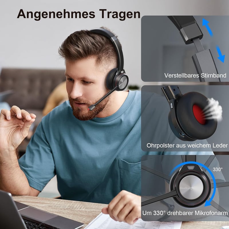 Beebang Vezeték Nélküli Headset, Mono Bluetooth 5.2 Mikrofonos Fejhallgató USB Adapterrel PC-hez, 30 Órás Üzemidő, Mac, Skype, Teams, Zoom K