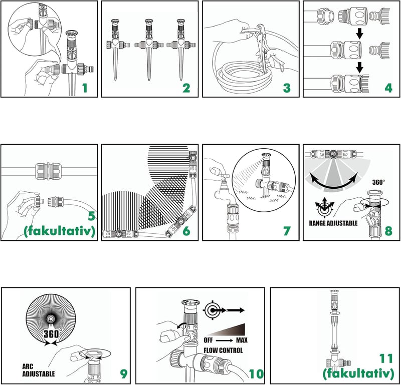 RESTMO Kerti Öntözőrendszer 10M  - 360° Állítható Locsoló Földi Tüskével, Gyorscsatlakozós Szett  - Gartensprinkler & Schlauch-Set, Green