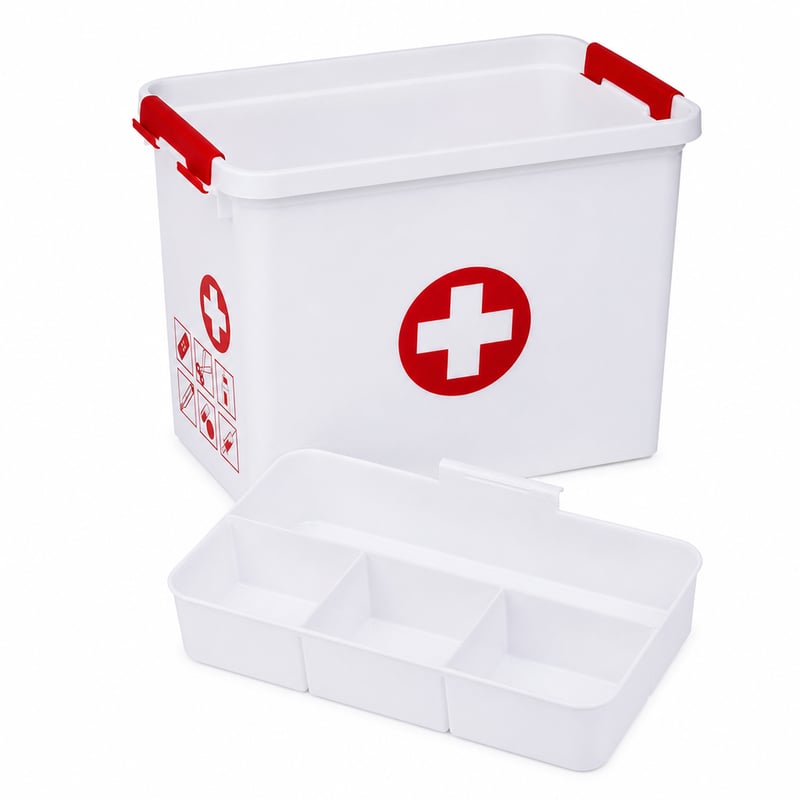 Cutie pentru prim ajutor Sunware Q-Line cu inserție, 9 litri, alb-roșu — capac de plastic lipsă (stare: vezi imaginea 2)
