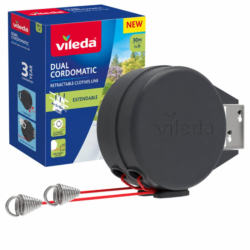 Výsuvná šnúra na bielizeň Vileda Dual Cordomatic — chybná, čiastočne funkčná: na jednej strane nenavíja šnúru (stav: pozri 2. obrázok)