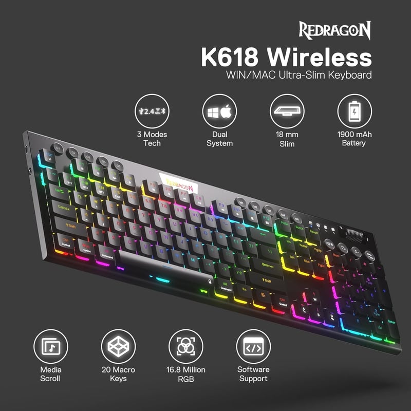 Redragon K618 Horus RGB Mechanikus Gamer Billentyűzet, Háromféle Csatlakozás, Lapos Billentyűk, Lineáris Red Switch, Dedikált Médiavezérlés