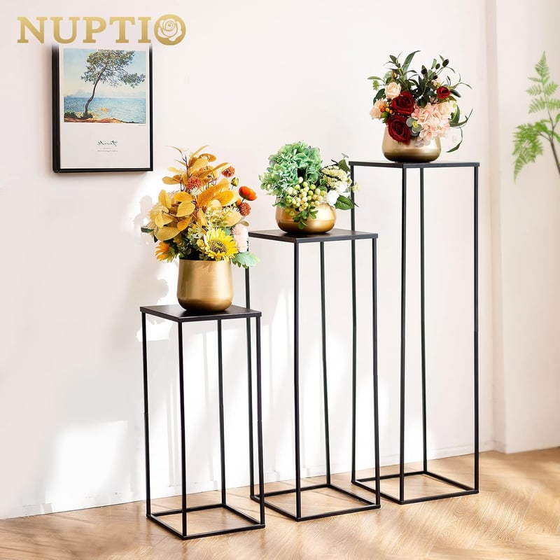 Nuptio Fekete Fém Váza Szett 3 db - Magas Geometrikus Virágtartó Állvány Esküvői Asztaldíszhez, Otthoni Dekorációhoz - 60/80/100 cm