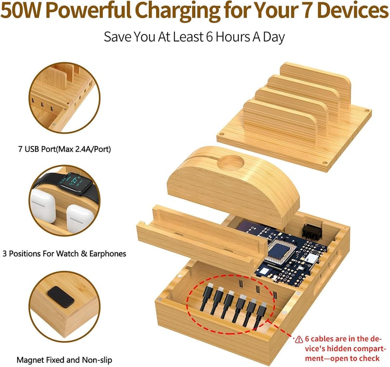 Alltripal Bamboo Töltőállomás 7 Portos USB Gyorstöltő - Többeszközös Telefontöltő Állvány iPhone, Samsung, Huawei Készülékekhez