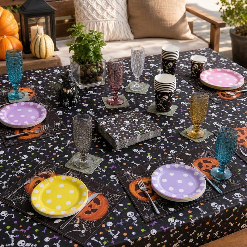Halloween párty set: 6x prestieranie + 12x podložka + 97x obrus + 6x pohár + 80x tanier