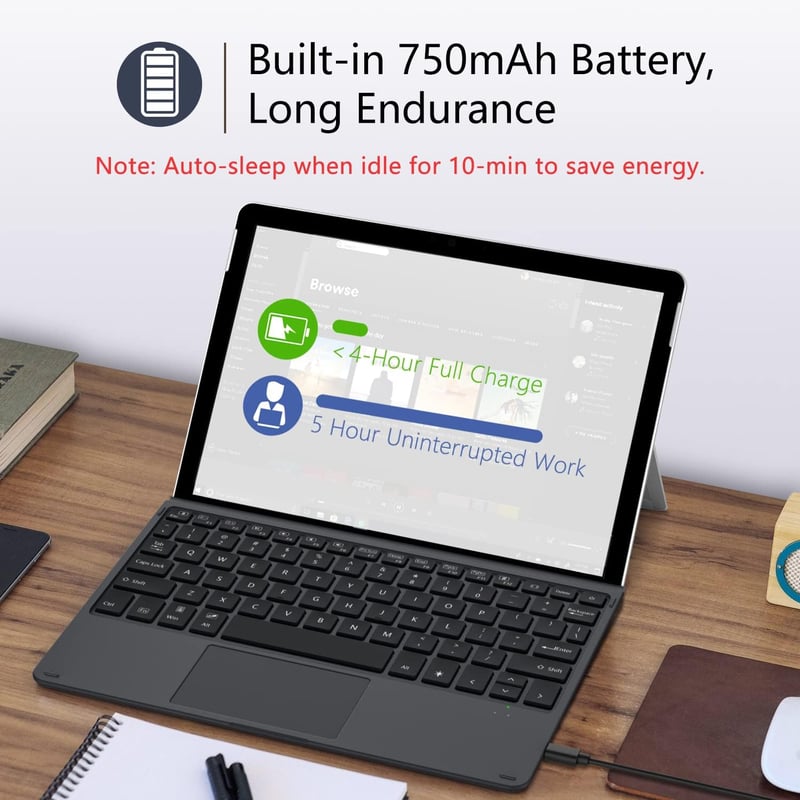 MoKo Bluetooth Billentyűzet Tok Surface Go 4/3/2/2018 Modellekhez, 7 Színű LED Háttérvilágítás, Érintőpaddal, Újratölthető Akkumulátor, Feke