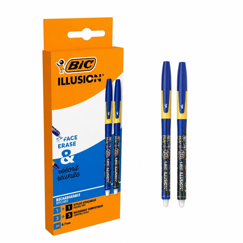 Stilou cu bilă ștergibil și reîncărcabil BIC Illusion, vârf mediu 0,7 mm — fără cerneală neagră, în schimb cu cerneală albastră (stare: vezi a 2-a imagine)