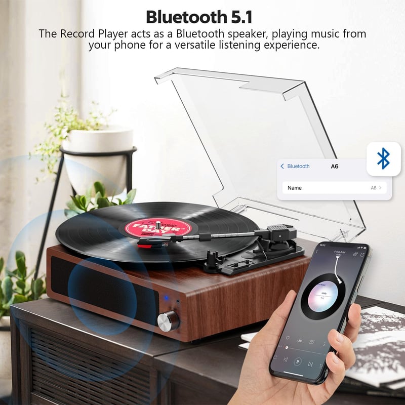 FYDEE Bluetooth Bakelit Lemezjátszó 3 Sebességgel (33/45/78 rpm), Beépített Sztereó Hangszóróval, RCA és AUX Csatlakozással, Dió Színben
