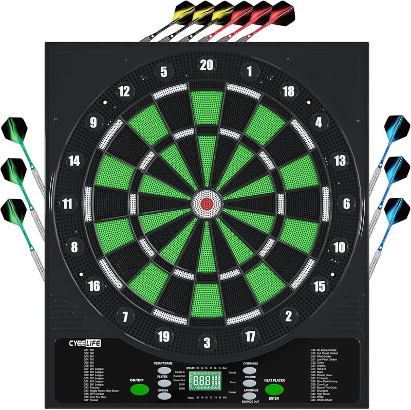 CyeeLife Elektronikus Darts Tábla LCD Kijelzővel - 34 Játék, 355 Variáció, Német Hangvezérléssel - 12 Puha Nyíl, 24 Toll, 50 Hegy, USB Töltő