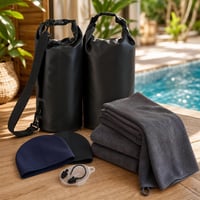 Set complet pentru înot: 2x geantă impermeabilă + 2x cască înot + 3x prosop microfibră 1