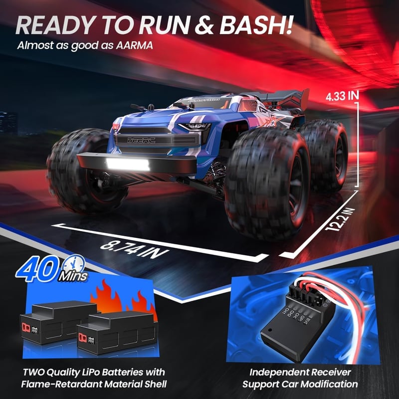 DEERC H16E Távirányítós Autó 1:16 Kefenélküli Motor 70 km/h - 4WD Versenyautó 2 Akkumulátorral 40 Perc Üzemidővel, 2.4 GHz RC Jármű