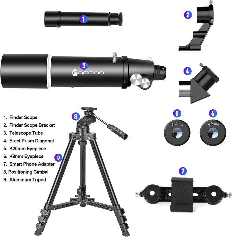 EACONN 80mm Csillagászati Teleszkóp 600mm Hordozható Utazó Távcső Tripod Telefonadapterrel