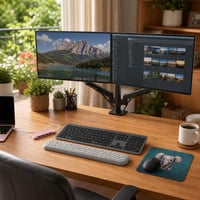 Set pre prácu s dvoma monitormi: 1x USB-C hub + klávesnica s myšou + podložka + opierka + držiak + organizér 1