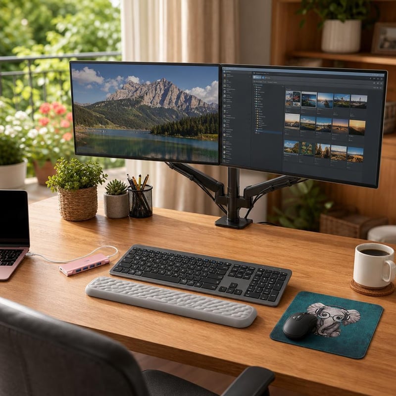 Set pre prácu s dvoma monitormi: 1x USB-C hub + klávesnica s myšou + podložka + opierka + držiak + organizér