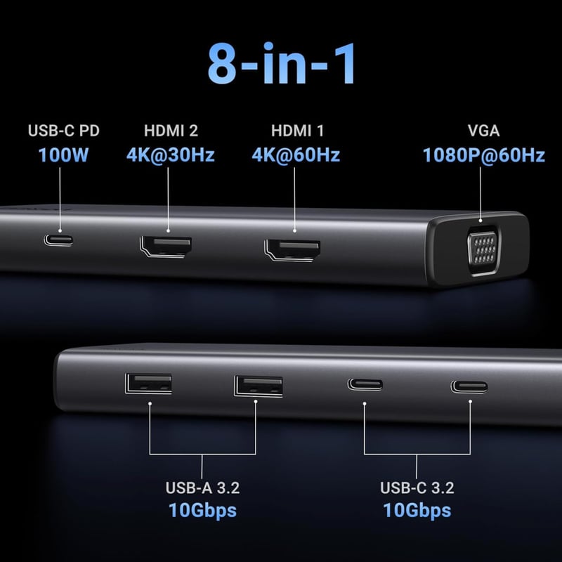UGREEN Revodok Pro 308 USB-C dokkoló 3 kijelzőhöz, 2x HDMI, VGA, 100W PD