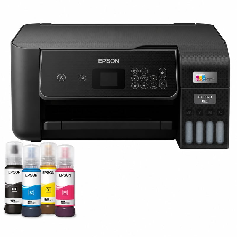 Multifunkčná tlačiareň Epson EcoTank ET-2870 A4 Wi-Fi s atramentovými nádržkami, čierna, azúrová – bez 3-ročnej zásoby atramentu (stav: pozri 2. obrázok)