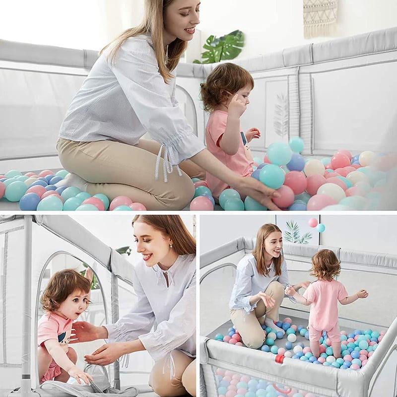 EAQ Baba Játszókerítés Szőnyeggel 150x150 cm, Összecsukható Játszótér Légáteresztő Hálóval, Biztonságos Kerítés Csecsemőknek