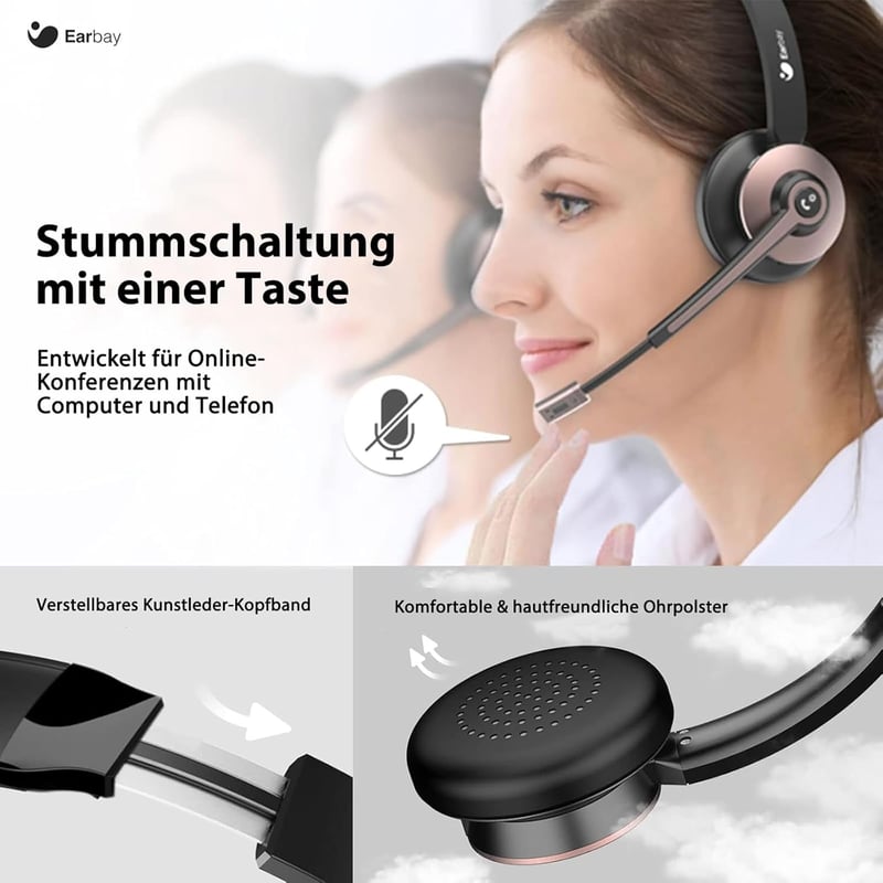 Earbay Bluetooth Headset Mikrofonnal és Zajszűréssel, USB Dongle és Töltőállomás, Vezeték Nélküli Fejhallgató Számítógép Telefon Iroda