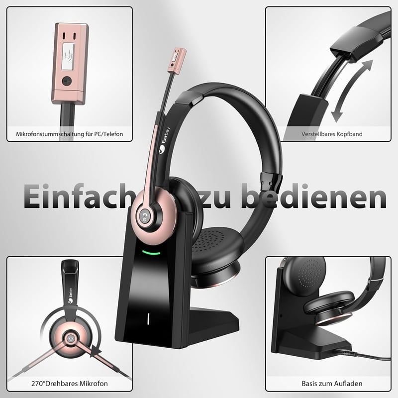 Earbay Bluetooth Headset Mikrofonnal és Zajszűréssel, USB Dongle és Töltőállomás, Vezeték Nélküli Fejhallgató Számítógép Telefon Iroda