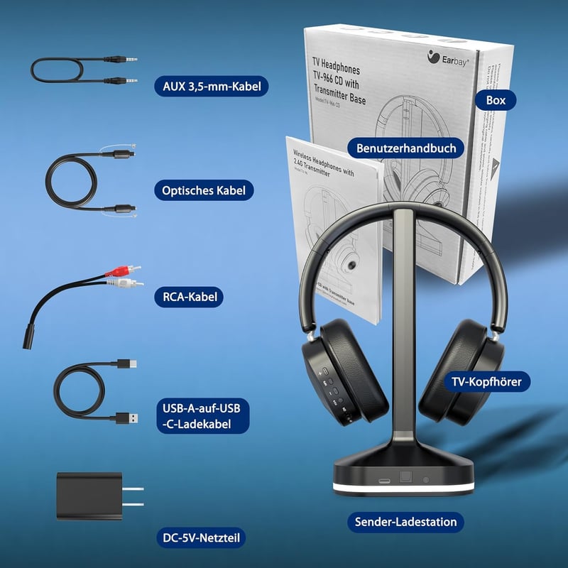 Earbay Wireless TV Fejhallgató Bluetooth 5.4 Töltőállomással Időseknek - Black