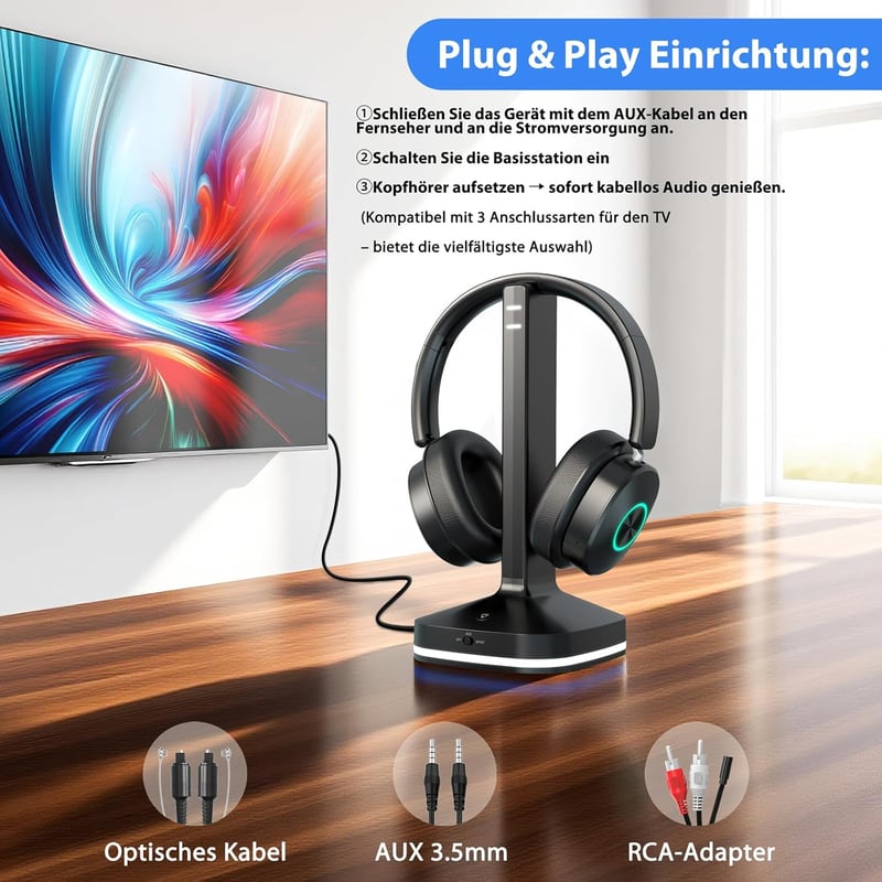 Earbay Wireless TV Fejhallgató Bluetooth 5.4 Töltőállomással Időseknek - Black