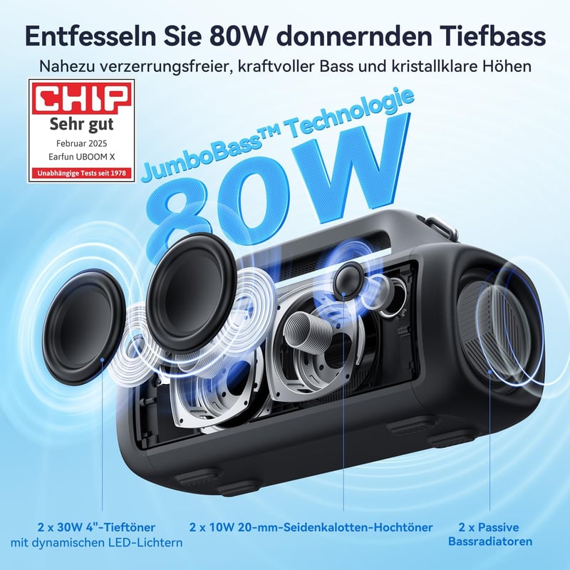 EarFun Uboom X 80W Bluetooth hangszóró, IP67 vízálló, 30 órás akkumulátor, RGB LED