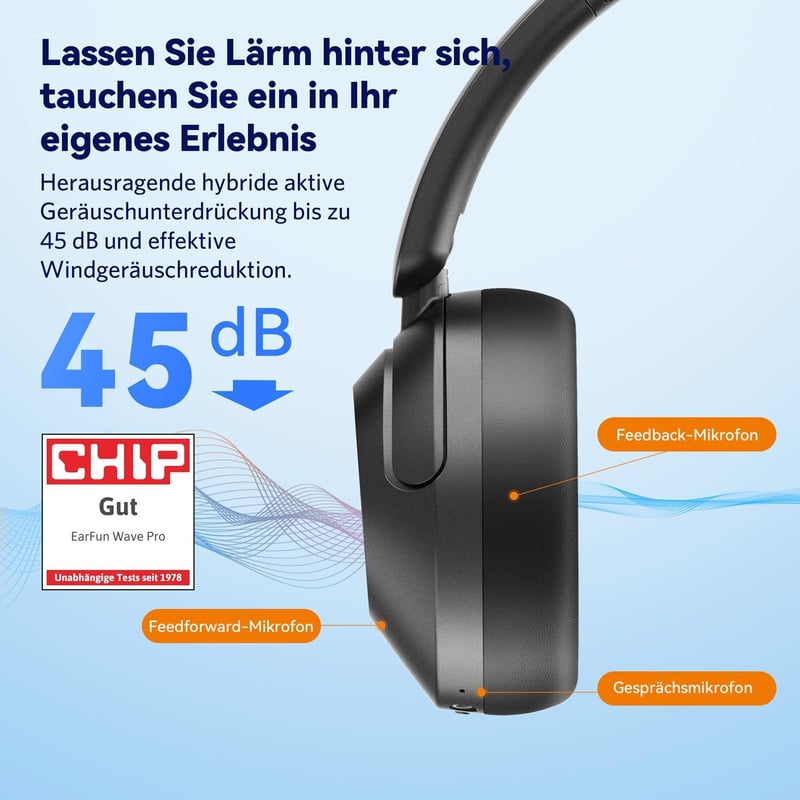 EarFun Wave Pro vezeték nélküli fejhallgató aktív zajszűréssel, 80 órás akkumulátor