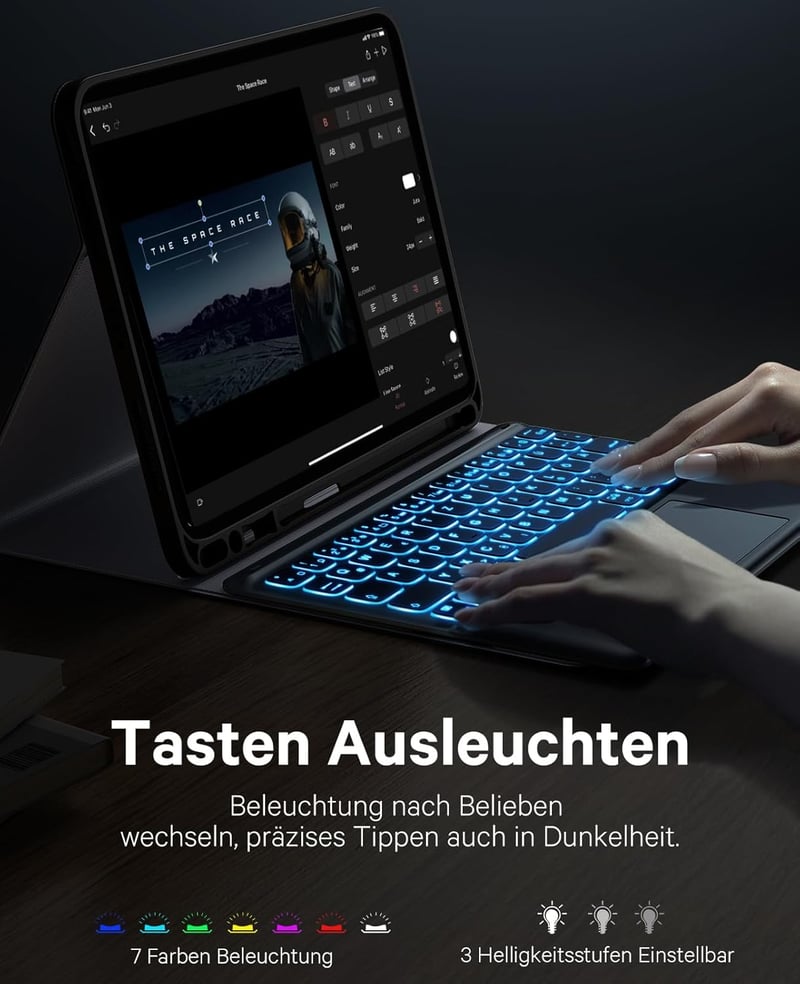 Earto iPad Air 11 Tok Billentyűzettel, 7 Szín Háttérvilágítás, QWERTY Touchpad, Fekete