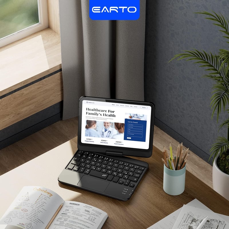 Earto iPad Mini 7 Billentyűzetes Tok Trackpad-dal, 360° Forgatható, 7 Szín Háttérvilágítás, QWERTZ