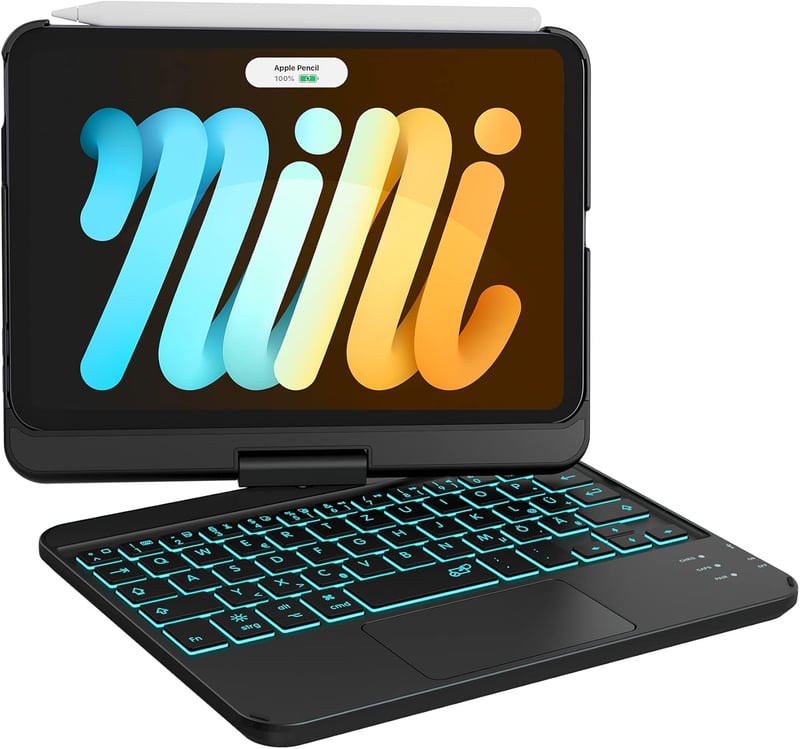 Earto iPad Mini 7 Billentyűzetes Tok Trackpad-dal, 360° Forgatható, 7 Szín Háttérvilágítás, QWERTZ