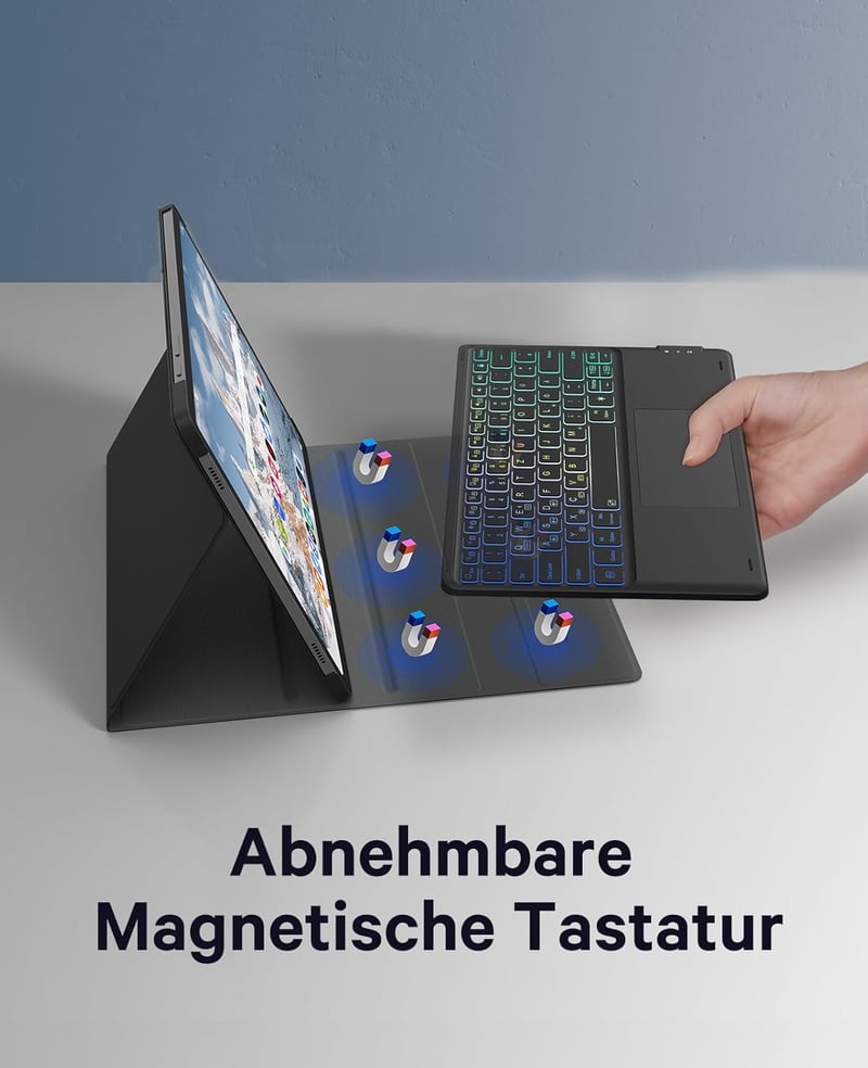 Earto Samsung Galaxy Tab S9 Plus Billentyűzetes Tok 12.4" - Érintőpaddal, 3-Zónás RGB Háttérvilágítással, S Pen Tartóval, Német QWERTZ Kiosz