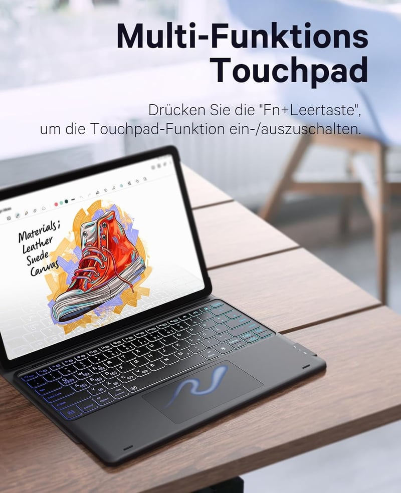 Earto Samsung Galaxy Tab S9 Plus Billentyűzetes Tok 12.4" - Érintőpaddal, 3-Zónás RGB Háttérvilágítással, S Pen Tartóval, Német QWERTZ Kiosz