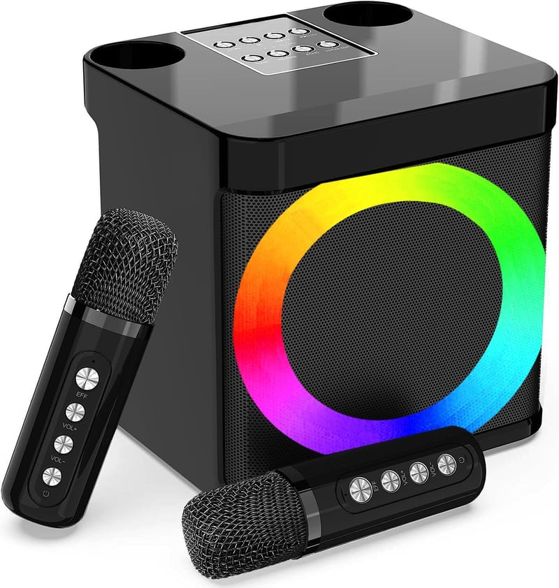EASJOY Karaoke Gép 2 Mikrofonnal - Hordozható Bluetooth Karaoke Szett LED Világítással Gyerekeknek és Felnőtteknek, Ideális Bulikra és Szüle