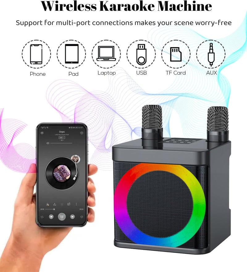 EASJOY Karaoke Gép 2 Mikrofonnal - Hordozható Bluetooth Karaoke Szett LED Világítással Gyerekeknek és Felnőtteknek, Ideális Bulikra és Szüle