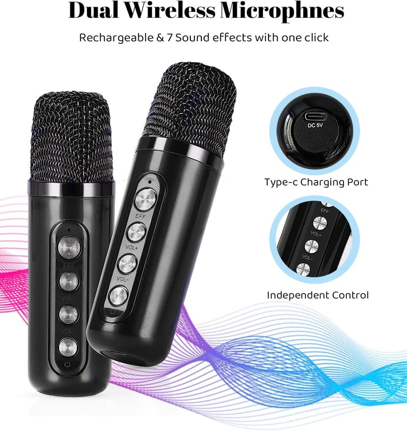 EASJOY Karaoke Gép 2 Mikrofonnal - Hordozható Bluetooth Karaoke Szett LED Világítással Gyerekeknek és Felnőtteknek, Ideális Bulikra és Szüle