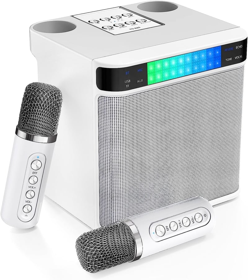 EASJOY hordozható Bluetooth karaoke hangszóró 2 vezeték nélküli mikrofonnal, LED fénnyel
