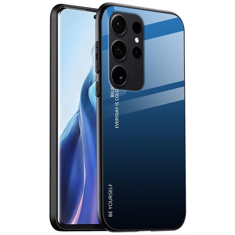 EASSGU kryt na Samsung Galaxy S25 Ultra (6,8"), sklenený zadný kryt s farebným prechodom, nárazuvzdorné puzdro odolné voči poškriabaniu – modro-čierne