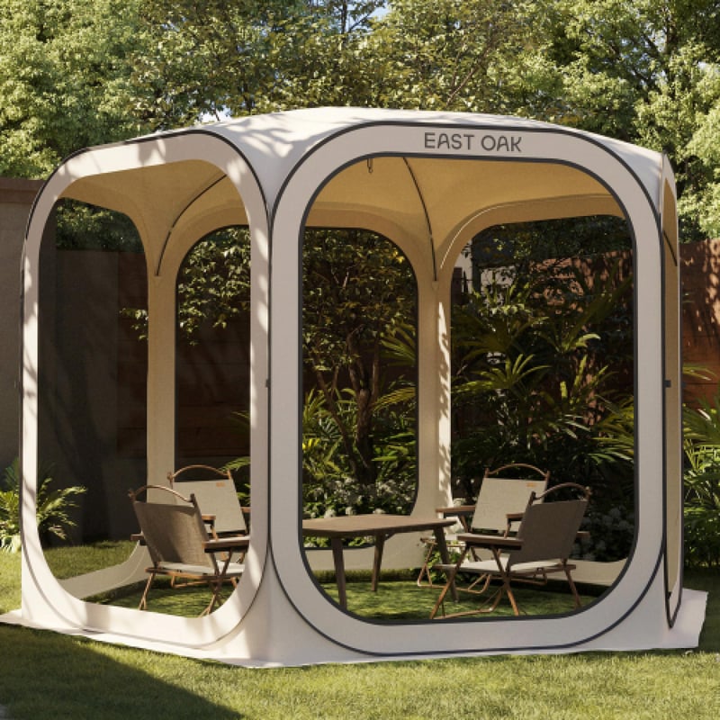 Vyskakovací stanový pavilón East Oak 3x3 m, pre 4-6 osôb, UPF 50+ UV ochrana, sieťka proti hmyzu, 360° vetranie, vodoodolný, béžový, s prenosnou taškou