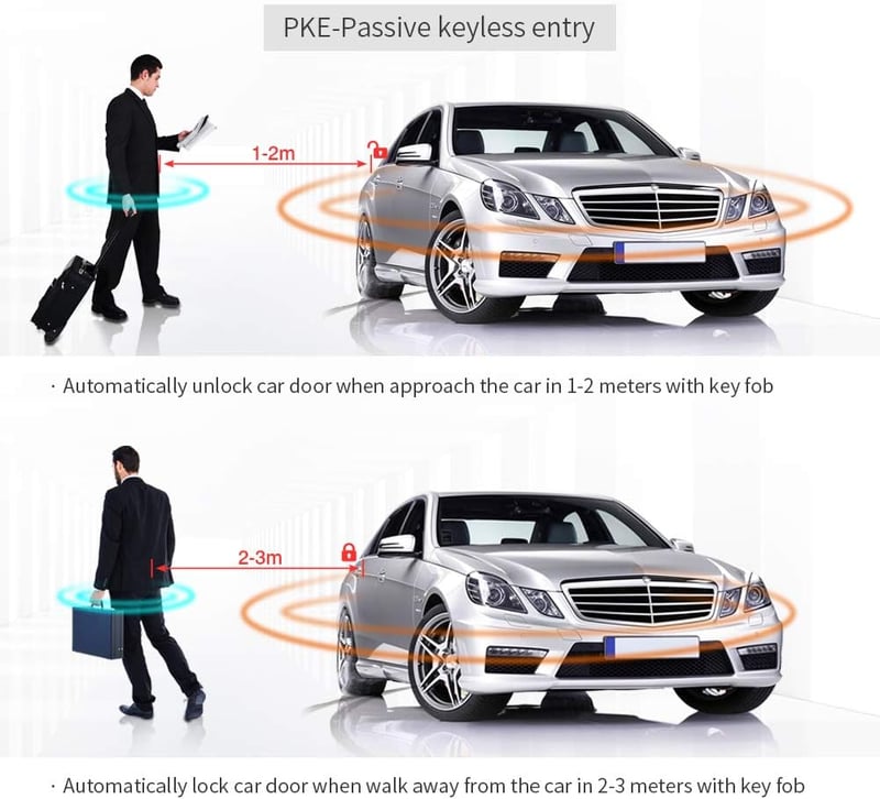 EASYGUARD PKE EC003-1 Passzív Kulcs Nélküli Autóriasztó Rendszer Nyomógombos Indítással és Távirányítóval 12V