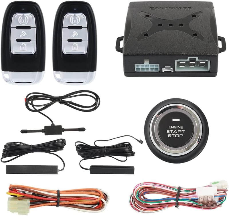 EASYGUARD PKE EC003-1 Passzív Kulcs Nélküli Autóriasztó Rendszer Nyomógombos Indítással és Távirányítóval 12V