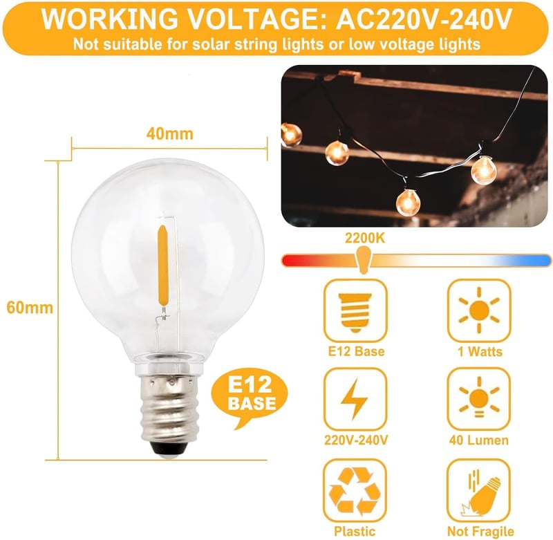 EASYIVY 15db G40 LED izzó kültéri 1W E12 meleg fehér 2200K IP44 vízálló