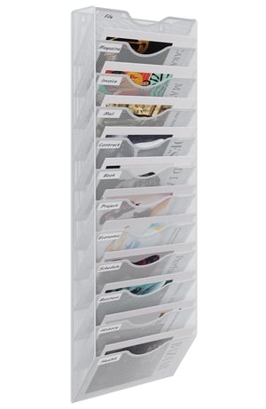 Organizator de documente și reviste EasyPAG cu 12 compartimente, format A4, cu montare pe perete — ușor îndoit, autocolante șifonate (stare: vezi poza 2)
