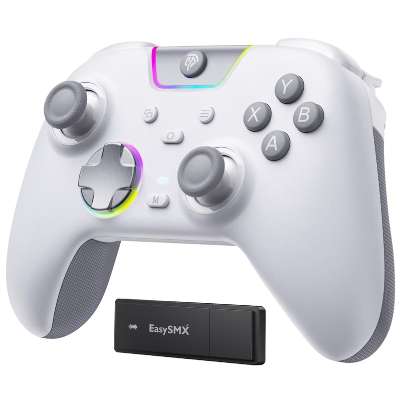 Bezdrôtový ovládač EasySMX X05 Pro pre PC – tiché tlačidlá, Hallove joysticky, 2-stupňové spúšte, 1000 mAh batéria, PC/Switch/Android/iOS, biely