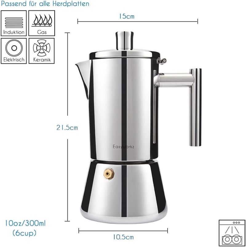 Easyworkz Diego Kotyogós Kávéfőző, Rozsdamentes Acél Olasz Moka Kanna, 6 Csészés 300ml Eszpresszó Főző Indukciós Főzőlaphoz